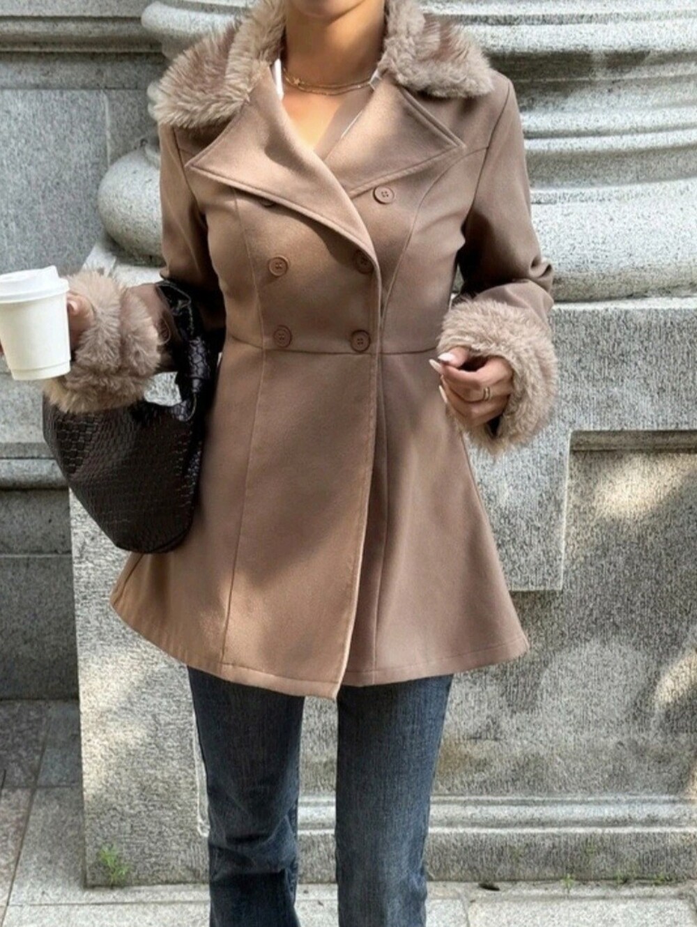 Casual Fashion Vintage Brown Patchwork Faux Fur Overcoat, Slim Fit - Picture 5 of 6